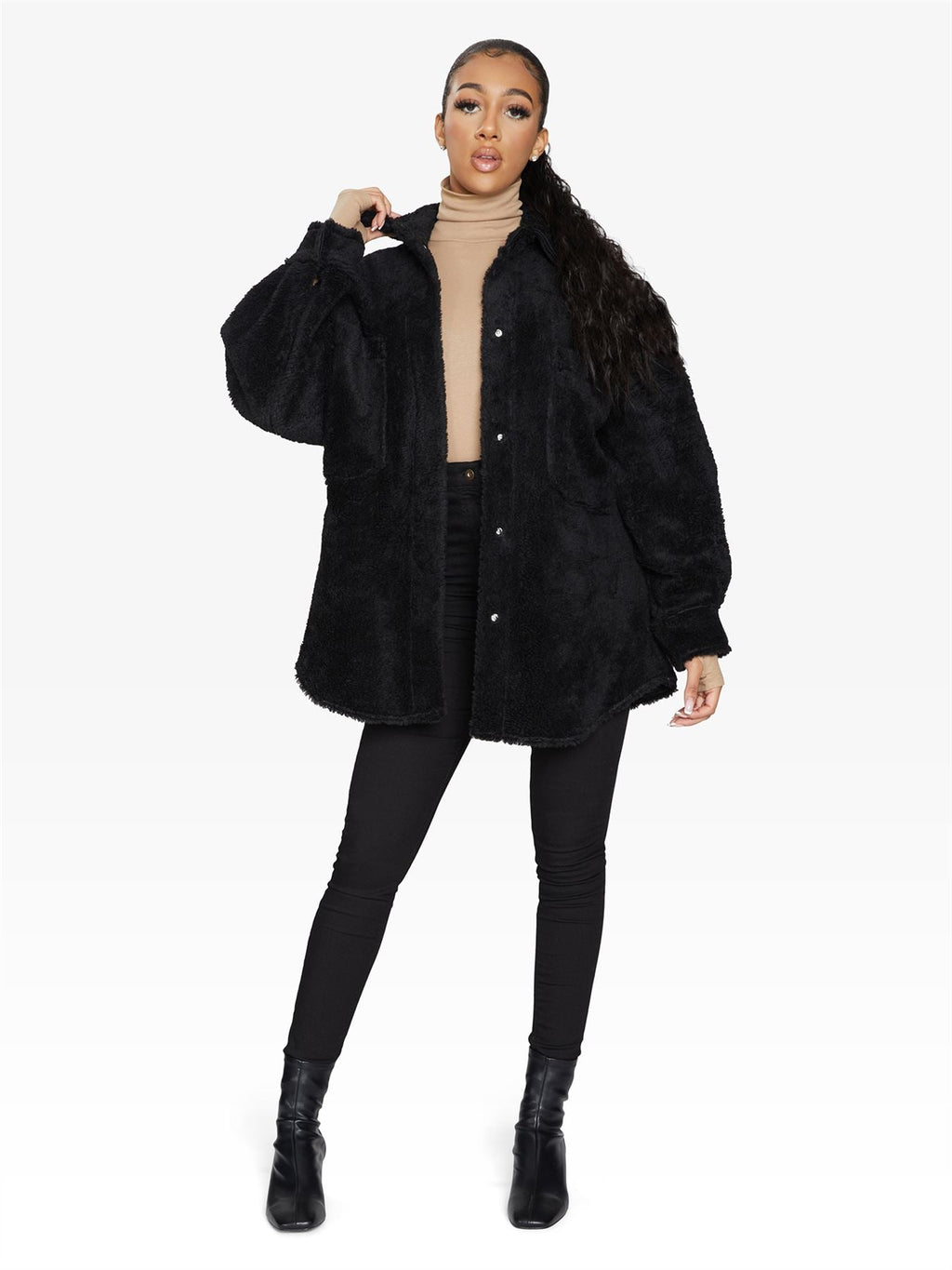 Oversized Borg Teddy Shacket with Patch Pockets