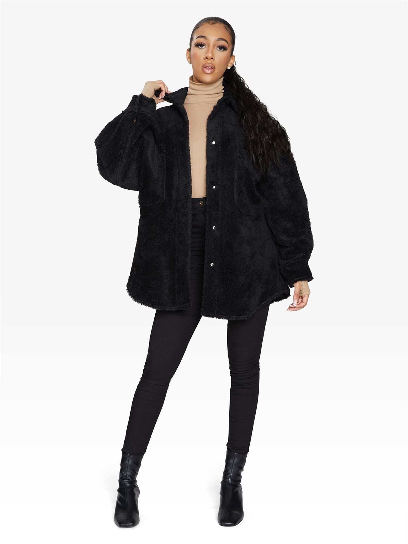 Oversized Borg Teddy Shacket with Patch Pockets