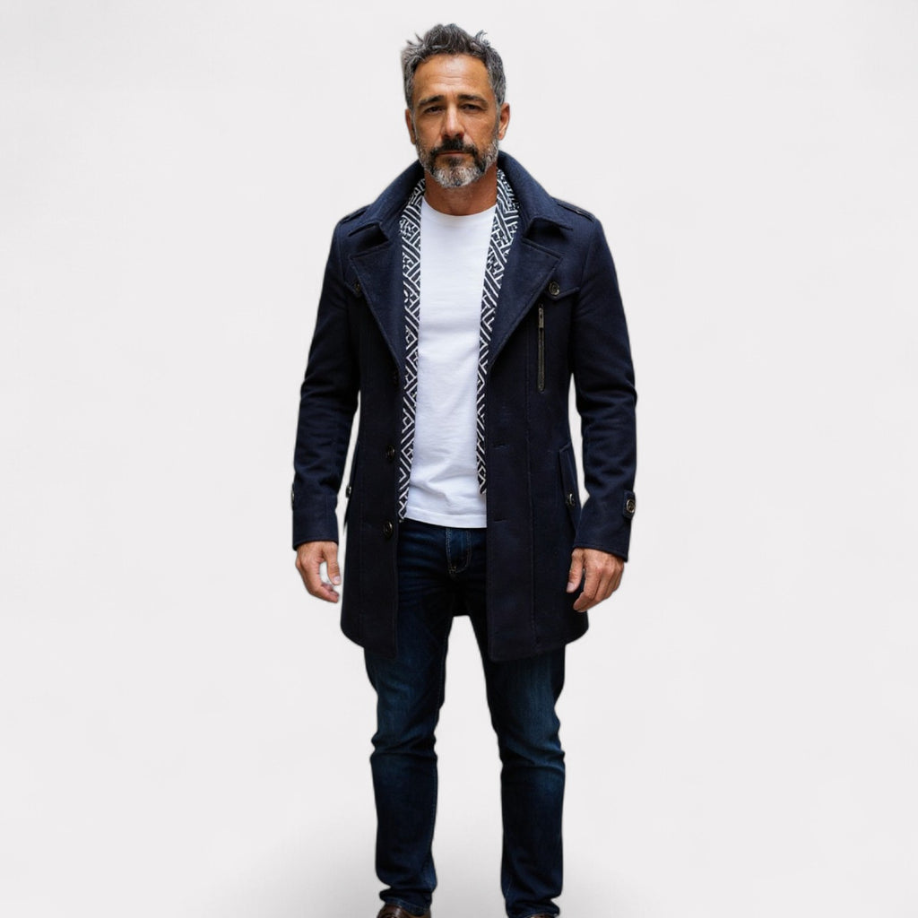 Mens Layered Collar Button Front Mid Length Coat