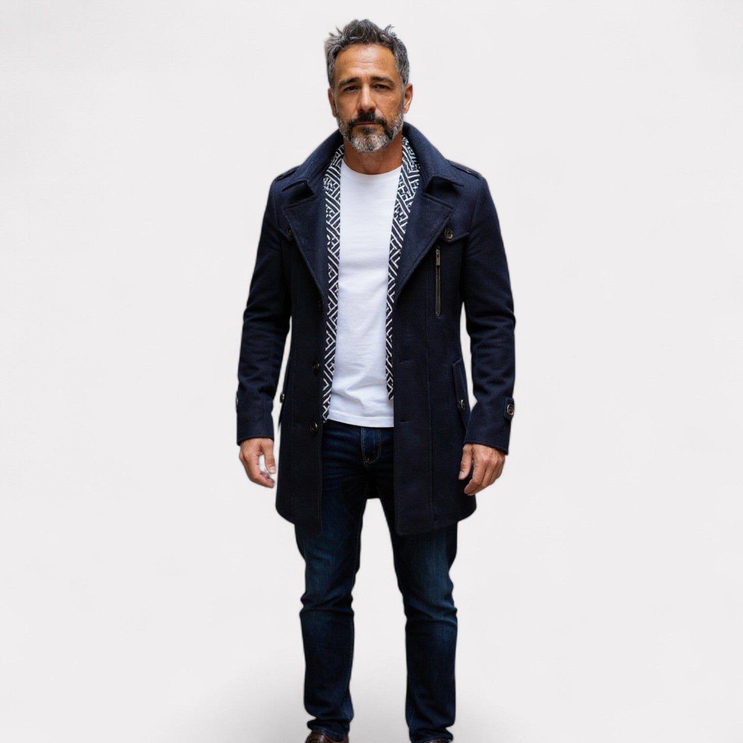 Mens Layered Collar Button Front Mid Length Coat