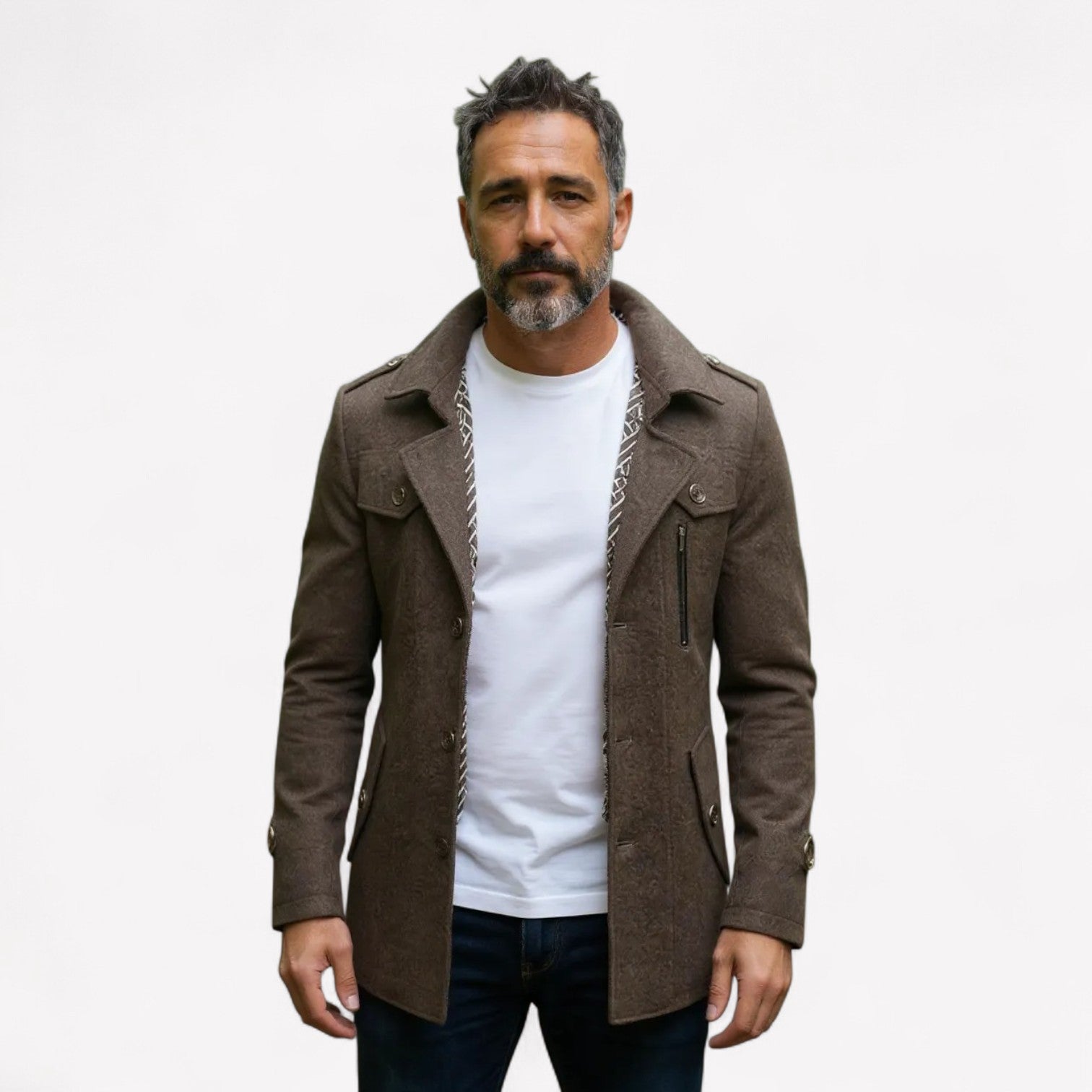 Mens Layered Collar Button Front Mid Length Coat