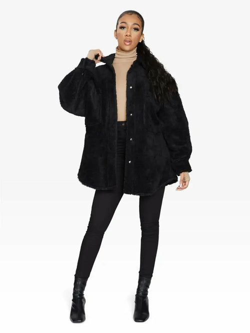 Oversized Borg Teddy Shacket with Patch Pockets