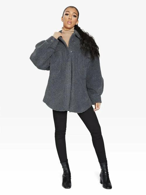 Oversized Borg Teddy Shacket with Patch Pockets