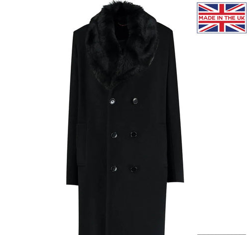 Mens Wool Mix Overcoat With Faux Fur Collar